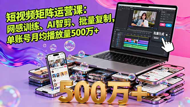 短视频矩阵课：网感+AI剪辑+批量复制，单号月播500万